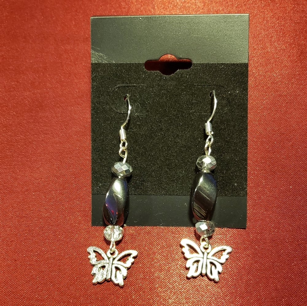 Hematite Crystal Silver Butterfly Earrings